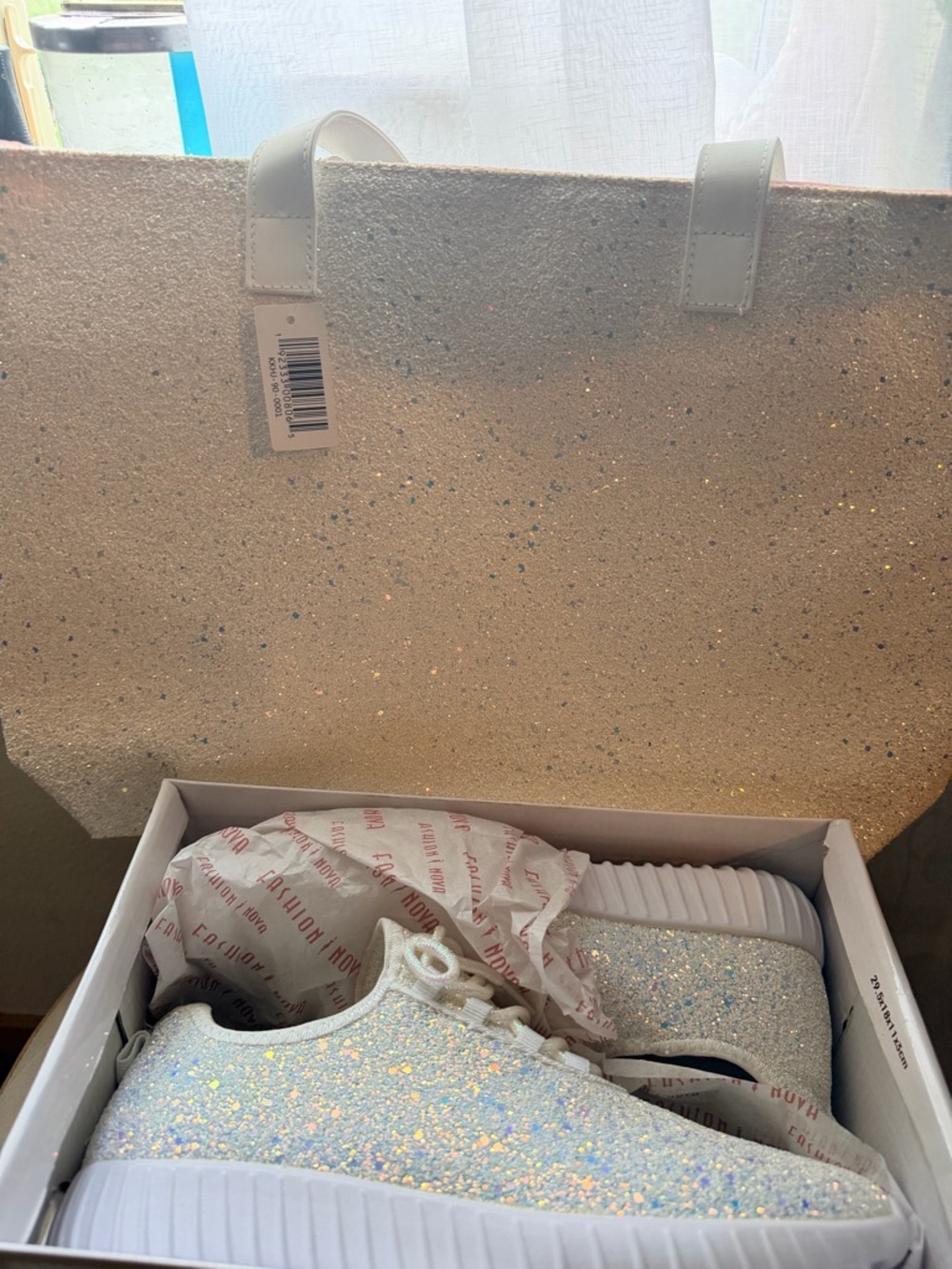 Fashion Nova White Glitter Sneakers with a matching purse by Clinique